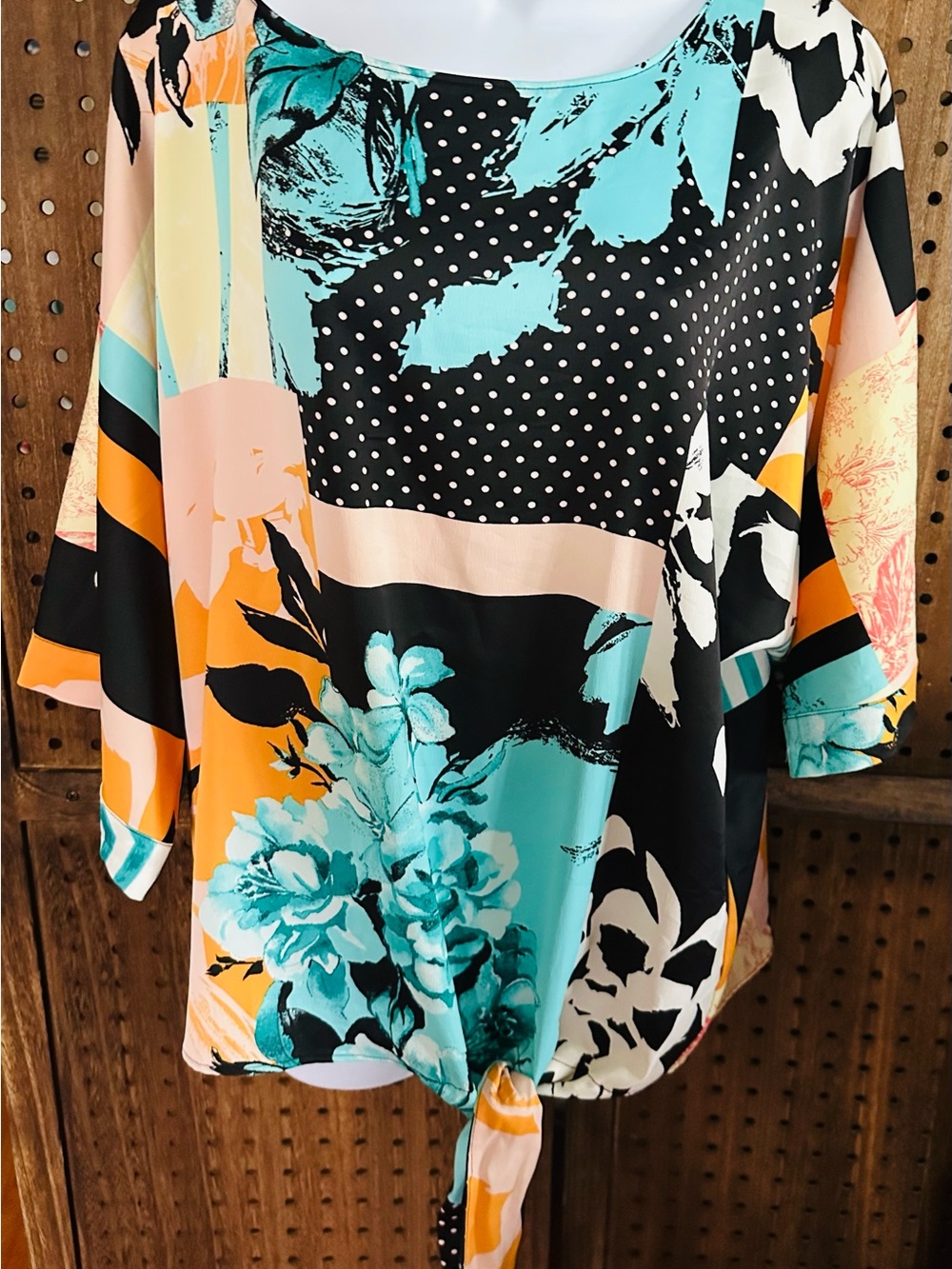 Chico's Multi-Print Tie-Hem Blouse in Teal, Black & Orange